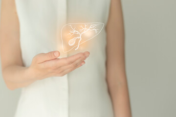 Obraz na płótnie Canvas Woman in white clothes holding virtual gall bladder in hand. Handrawn human organ, detox and healthcare, healthcare hospital service concept stock photo