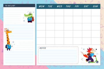 Set of monthly calendar planner page set design template for children with cute animal characters. Flat lay, pastel colors. Back to school equipment. Vector illustration.