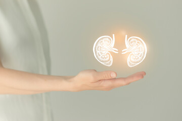 Woman in white clothes holding virtual kidneys in hand. Handrawn human organ, detox and healthcare,...