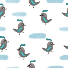 Seamless pattern with a bird. Design for a holiday. Printing for wrapping paper. An illustration for printing. Children's composition. Texture for fabric and paper.