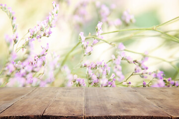 Empty rustic table in front of countryside background. product display and picnic concept