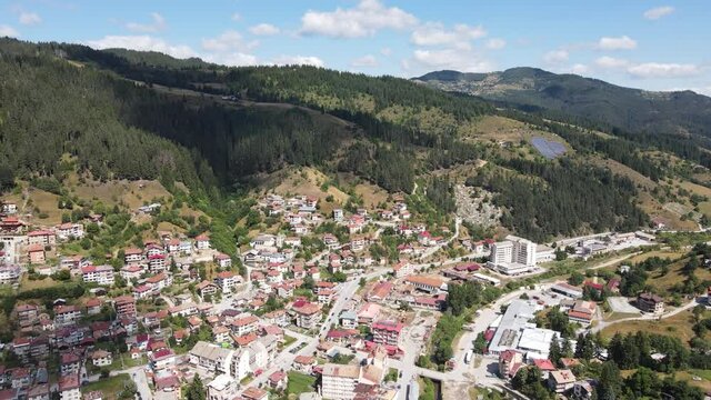 Aerial view of the famous Bulgarian ski resort Chepelare, Smolyan Region, Bulgaria