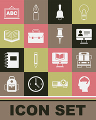 Set Human brain, School Bus, Online class, Ringing bell, Briefcase, Open book, Chalkboard and Push pin icon. Vector