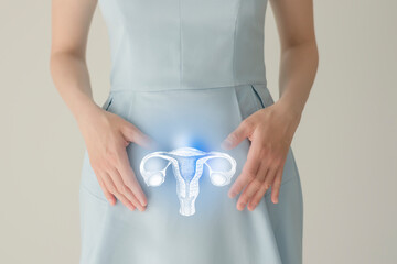 Woman in blue clothes holding virtual uterus in hand. Handrawn human organ, detox and healthcare, healthcare hospital service concept stock photo