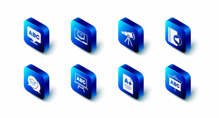 Set Online class, Telescope, Audio book, Chalkboard, Exam sheet with plus grade, Graduation cap speech bubble and Alphabet icon. Vector