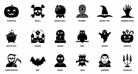 Halloween Set Silhouette Icon. Pumpkin, Ghost, Bat, Grave, Candy, Vampire, Creepy Castle Black Icon for Celebration 31 October. Spooky Horror Glyph Pictogram. Halloween Concept. Vector Illustration
