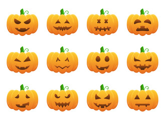 Scary and Funny Faces for Halloween Pumpkin Illustration. Spooky Faces of Ghost. Set of Halloween Horror Emotions on White Background. Isolated Vector Illustration