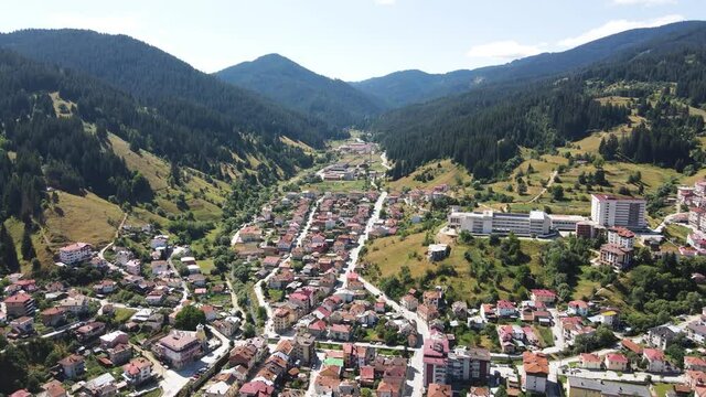 Aerial view of the famous Bulgarian ski resort Chepelare, Smolyan Region, Bulgaria