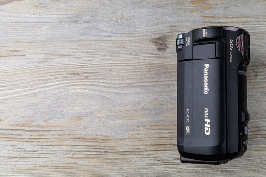 Handicam or a small handheld video camera is on the table. Illustrative editorial. September 3, 2021 Balti Moldova.