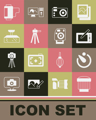 Set Camera photo lens, timer, Graphic tablet, Photo camera, Tripod, Softbox light, roll cartridge and icon. Vector