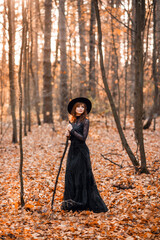 witch in the autumn forest. A woman in a black long dress with a cane