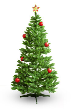 Christmas tree decorated with Christmas decorations isolated on a white background.