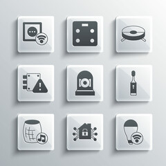 Set Smart home, light bulb, Electric toothbrush, Ringing alarm bell, Voice assistant, House under protection, electrical outlet and Robot vacuum cleaner icon. Vector
