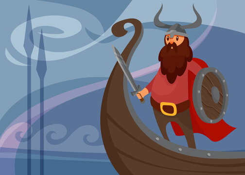 Viking banner with warrior on ship. Scandinavian placard design in cartoon style.