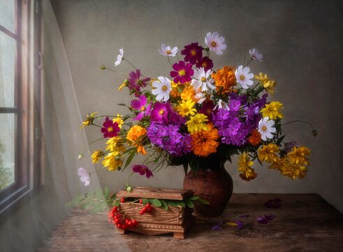 Still life with bouquet of autumn flowers and rowan berry