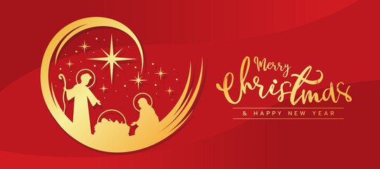Merry Christmas and happy new year banner with Gold Nightly christmas scenery mary and joseph in a manger with baby Jesus and Meteor star around on red curve texture background vector design