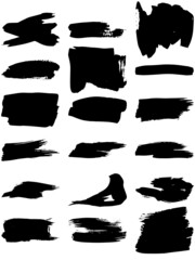 Black paint brush strokes, dirty inked grunge art brushes. Dirty ink texture splatters. Grunge rectangle text boxes	
