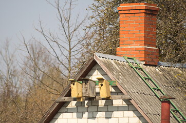 Three bird cages at the end of the house.