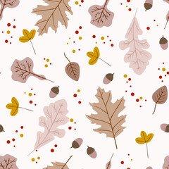 Seamless pattern with acorns and autumn leaves. Perfect for wallpaper, gift paper, pattern fill, web page background, autumn greeting cards.Vector illustration