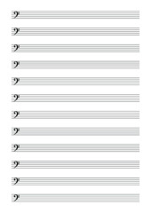 Musical notation with lines and bass clef on a white background. Template for teaching and recording melodies, compositions. Vector.