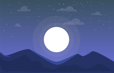 Full moon mountain clouds and stars minimal landscape. Vector illustration