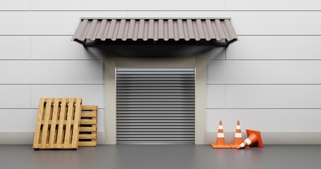 Warehouse service entrance with closed rolling shutter, wooden pallets and traffic cones. Realistic storage gate store or factory. Storehouse exterior with metal automatic door and awning on wall - obrazy, fototapety, plakaty