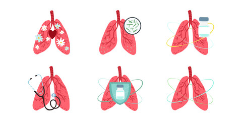 Set of medical icons set, hand-drawn lungs collection. Human lungs with flowers, vaccine shield, stethoscope. 