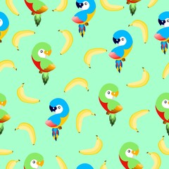 Seamless pattern with ara parrots and bananas. Blue, yellow, green, pink, red. Green background. Cartoon style. Cute and funny. For kids post cards, stationery, wallpaper, textile, wrapping paper