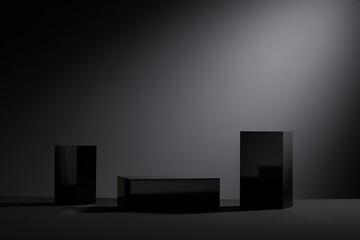 Black podium, cube minimal scene with glass geometric platform on dark background. Pedestal for...