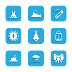 Set Mosquito, African tree, Elephant, Camping lantern, Tree stump, Compass, Swiss army knife and Volcano eruption icon. Vector