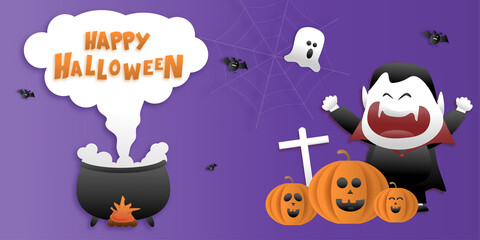 Happy Halloween greeting banner or party invitation with night clouds, pumpkins, bats, and cute ghosts, vampires on a violet background. Paper cut and papercraft style.Vector illustration.