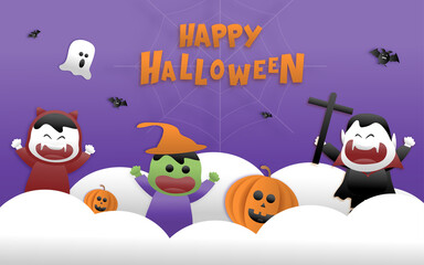 Fototapeta premium Happy Halloween greeting banner or party invitation with night clouds, pumpkins, bats, and cute ghosts, vampires on a violet background. Paper cut and papercraft style.Vector illustration.