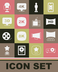 Set Movie, film, media projector, Cinema auditorium with screen, Hd movie, tape, frame, trophy, 2k Ultra HD, 3D word, Director chair and Retro tv icon. Vector