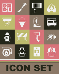 Set Firefighter helmet, exit, truck, hose reel, cone bucket, Smoke alarm system, Evacuation plan and boots icon. Vector