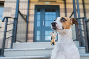 Dog Jack Russell Terrier is sitting at the door holding the keys to the house.