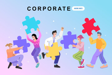 A happy business team celebrates on a Corporate website banner, jumping with puzzle pieces. This concept illustrates employee engagement, successful teamwork, and a positive company culture.