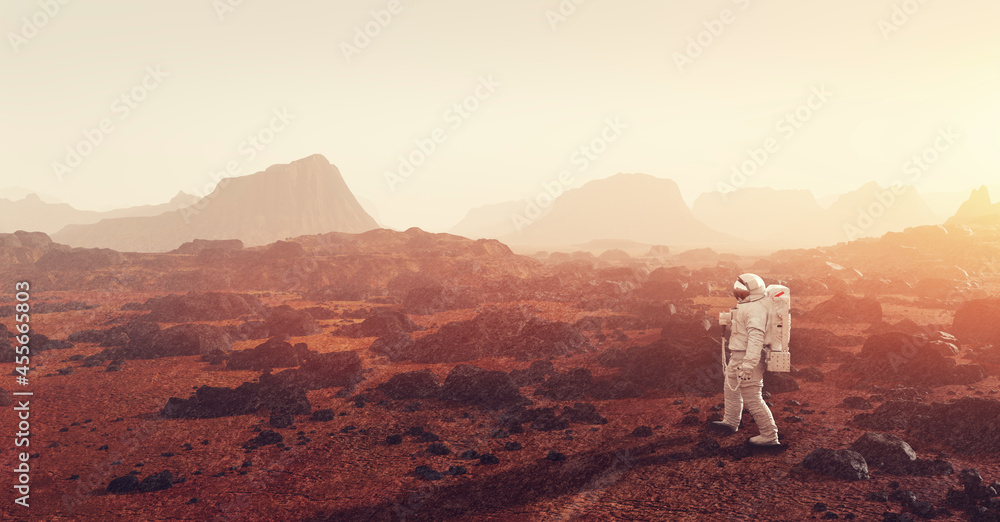 Poster astronaut doing space walk and explore planet such as mars.