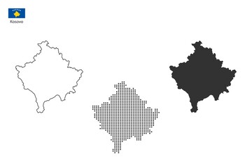 Fototapeta premium 3 versions of Kosovo map city vector by thin black outline simplicity style, Black dot style and Dark shadow style. All in the white background.