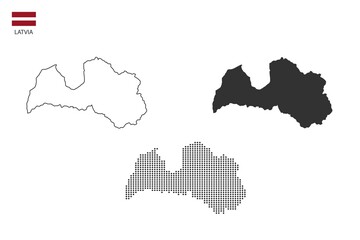 Obraz premium 3 versions of Latvia map city vector by thin black outline simplicity style, Black dot style and Dark shadow style. All in the white background.