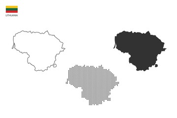 Obraz premium 3 versions of Lithuania map city vector by thin black outline simplicity style, Black dot style and Dark shadow style. All in the white background.
