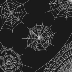 Cobweb vector illustration for Halloween decoration. White spiderweb on corner a black background. Isolated vector element hand drawn line.