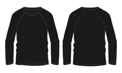 Long sleeve raglan t shirt technical fashion flat sketch vector illustration template front and back views isolated on white background. Cotton jersey apparel design black color mock up. Easy editable