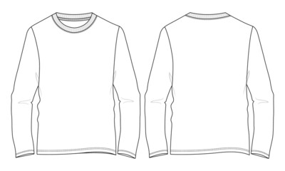 Long sleeve round neck t shirt overall technical fashion flat sketch vector illustration template front and back views isolated on white background. Cotton jersey apparel design mock up. Easy editable - obrazy, fototapety, plakaty