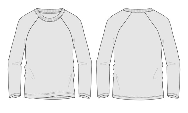 Long sleeve raglan t shirt technical fashion flat sketch vector illustration template front and back views isolated on white background. Cotton jersey apparel design Grey color mock up. Easy editable.