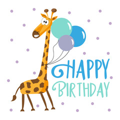 Fototapeta na wymiar Happy Birthday card with cute funny giraffe.