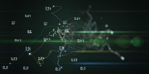 Abstract background with chaotic dashed paths connecting dots.  Analytics algorithms data.  Quantum cryptography concept. Banner for business, science and technology.