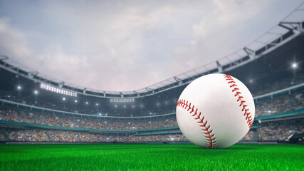 Grassy field and baseball ball with stadium bulding background. Digital 3D illustration for sport advertisement. - obrazy, fototapety, plakaty