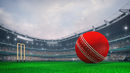 Grassy field and cricket ball with stadium bulding background. Digital 3D illustration for sport advertisement. - obrazy, fototapety, plakaty