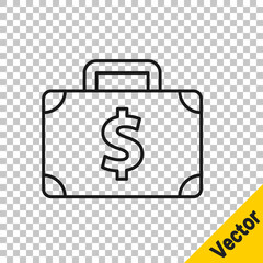 Black line Briefcase and money icon isolated on transparent background. Business case sign. Business portfolio. Vector