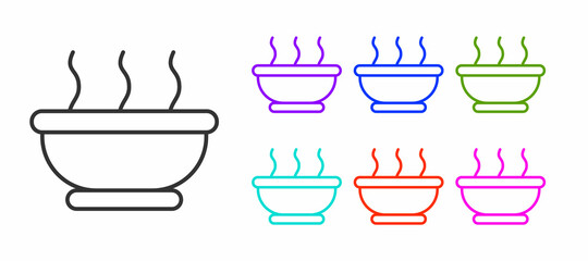 Black line Bowl of hot soup icon isolated on white background. Set icons colorful. Vector